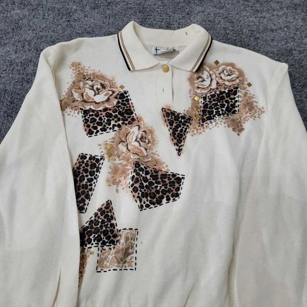 Teddi Sweatshirt Womens Size Medium Cream Leopard Floral Studded USA Vintage